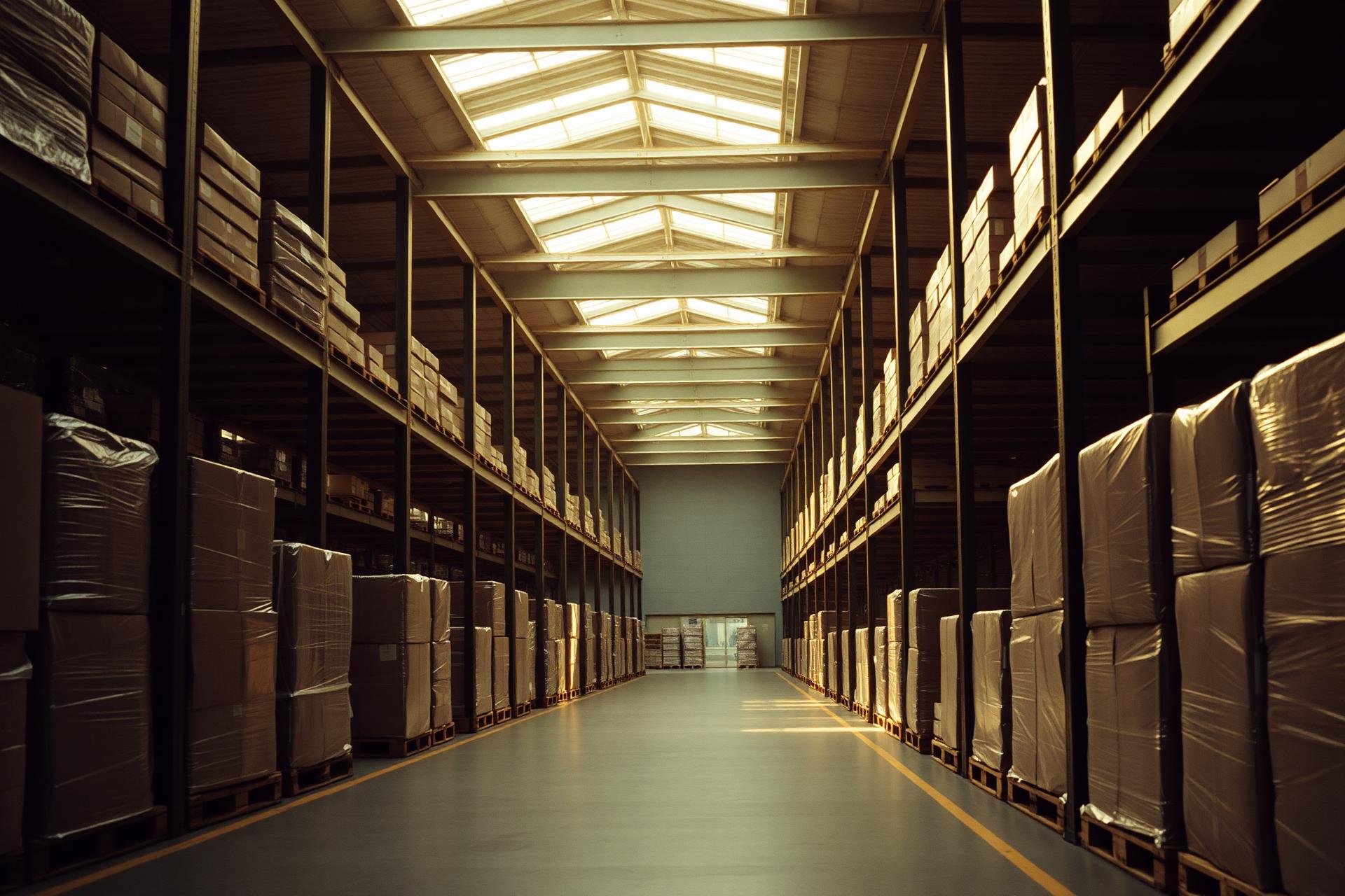 Modern American distribution warehouse aisle at dawn